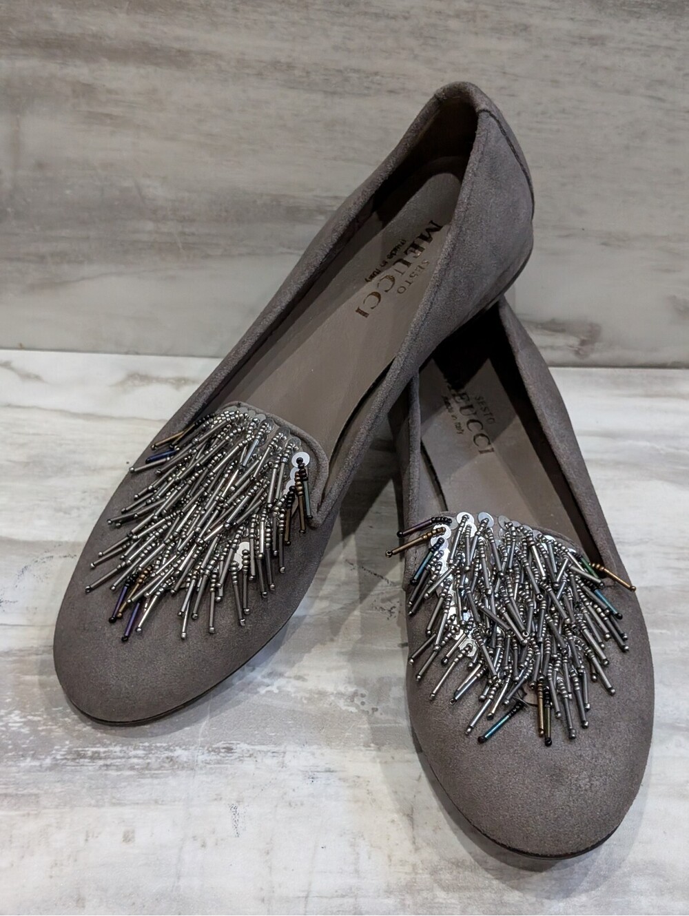 Sesto Meucci Gray Suede Beaded Loafers Size 8.5N